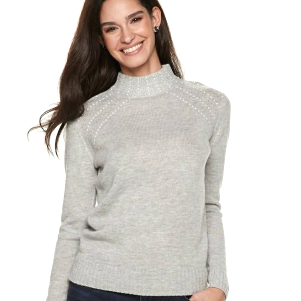 Nwot Juicy Couture Gray Mock Turtleneck Sweater w/ Pearls & Silver Studs.